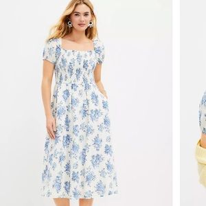 Floral Smocked Puff Sleeve Midi Pocket Dress